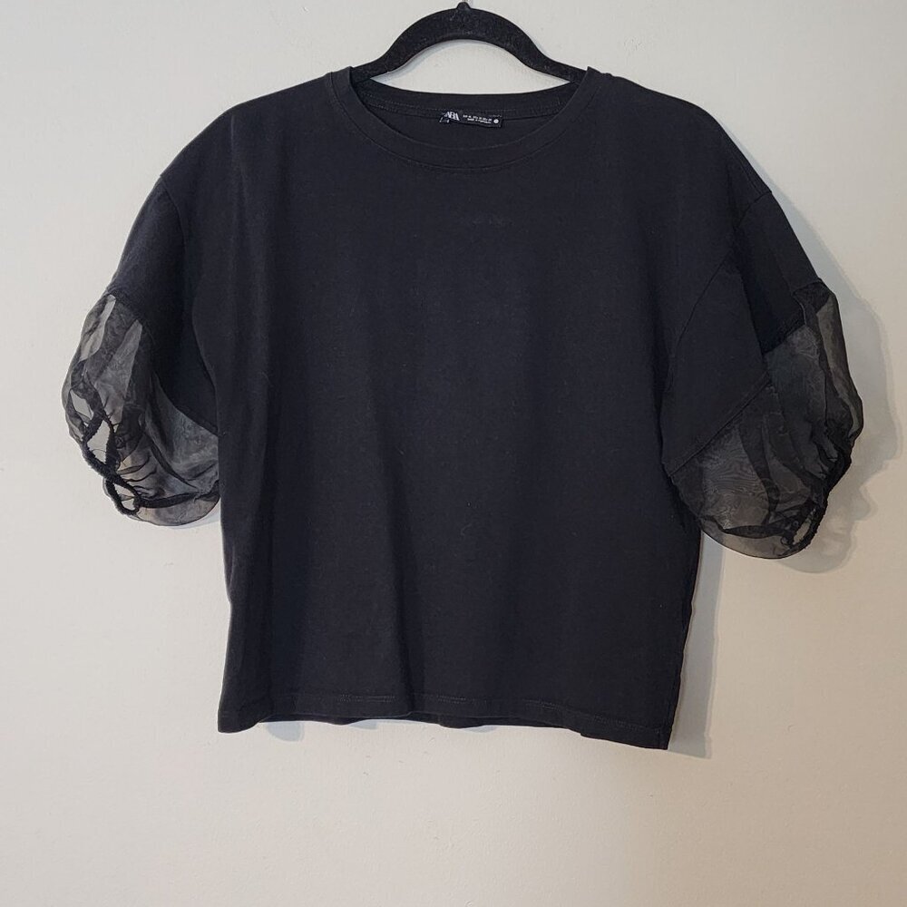 Zara Blouse Shirt Chiffon Sheer Sleeve Black sz M women
